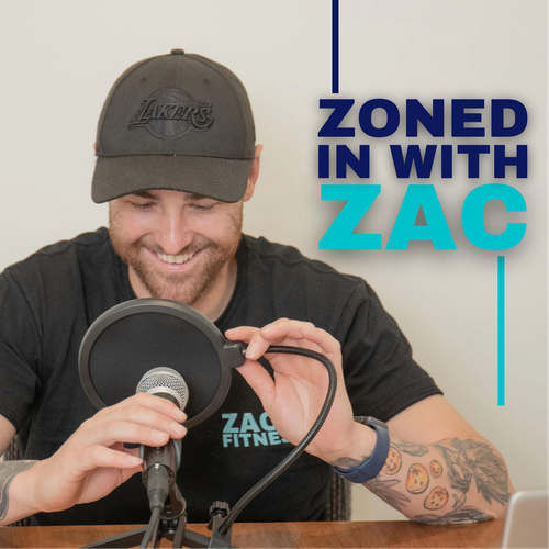 Podcast cover - Zoned with Zac featuring Zach in front of a microphone wearing a black t-shirt and black cap.