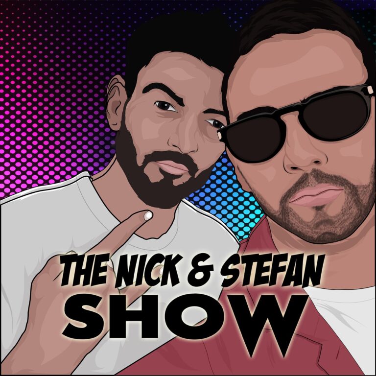 Podcast Cover: "The Nick & Stefan Show". The cover is showing bothe Nick & Stefan in an illustrated cartoon style. Nick has black hair with a full face beard, and is wearing a white shirt. Stefan has brown hair with a full face beard, and is wearing sun glasses with a white shirt and red jacket.