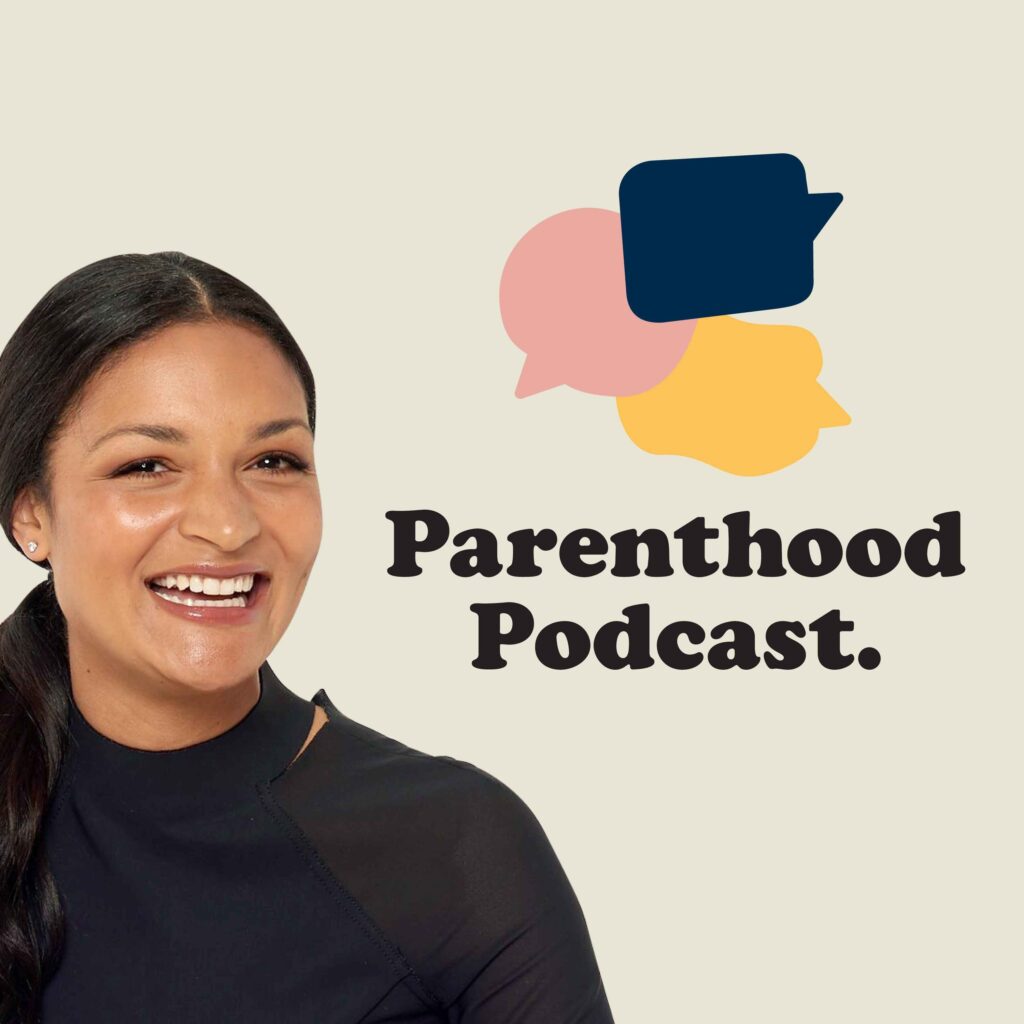 Podcast Cover: "Parenthood Podcast". The cover includes Leonie smiling with black hair, brown skin wearing a black shirt on a cream background.
