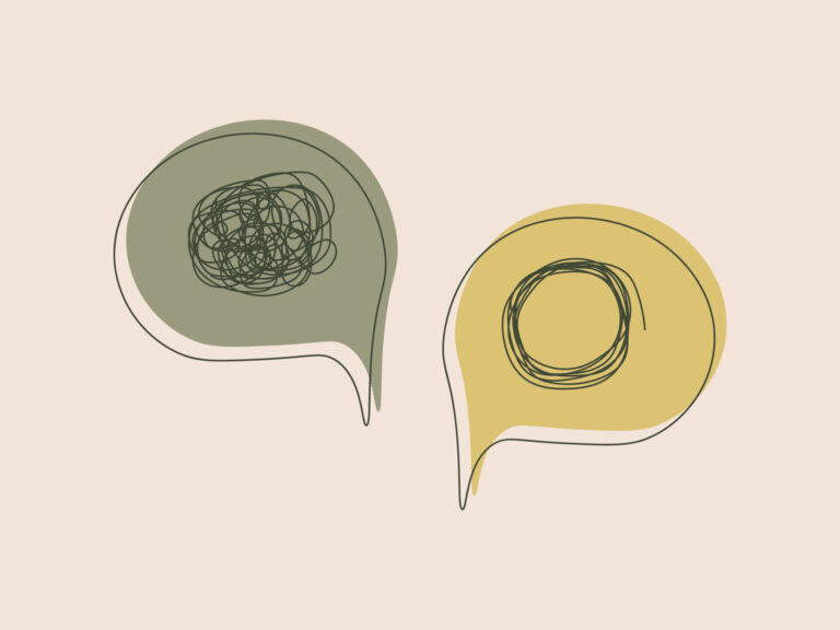 Image of two speech bubbles indicating a conversation. One has a clear circle, the other a scribbled circle, depicting the article Treating Problematic Porn Use with Empathy versus Shame.